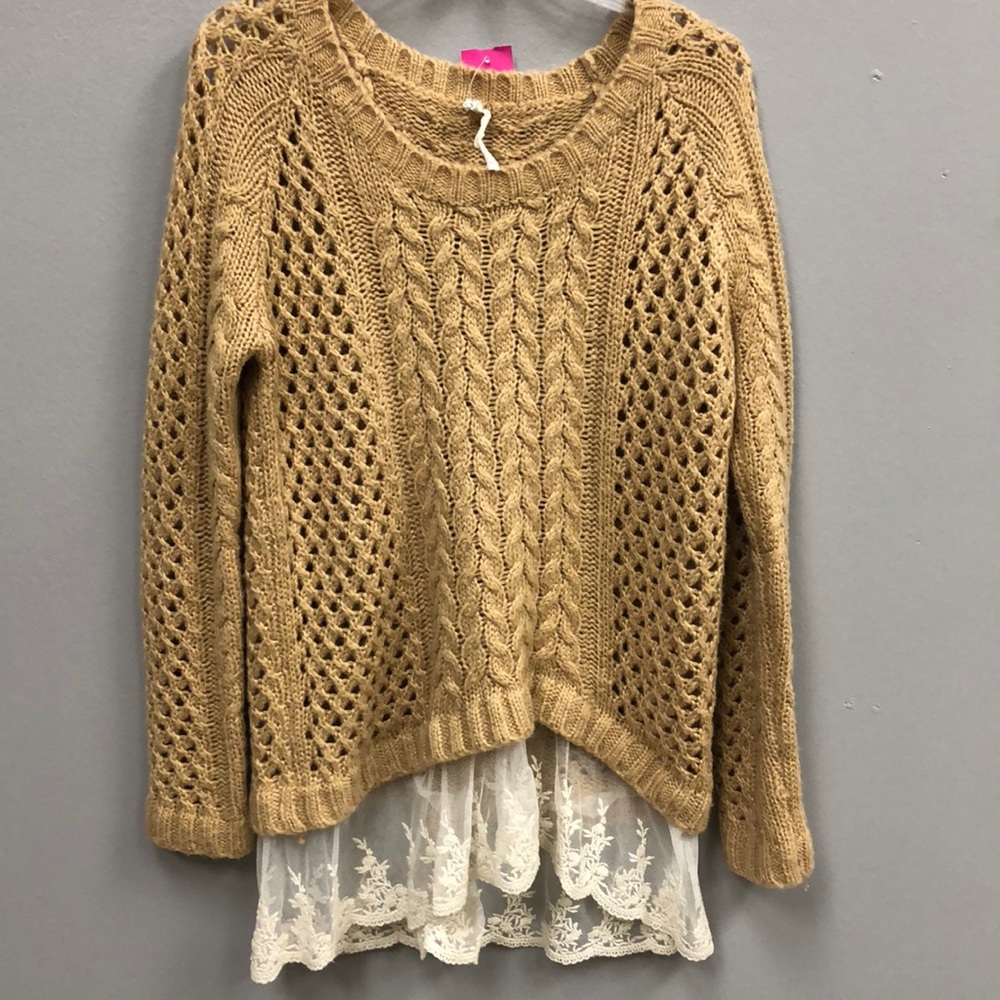 POL.  Tan sweater with lace.